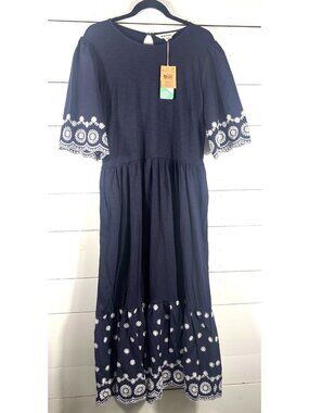 Boden Navy Embroidered Midi Dress With Short Sleeves & Tie Waist US 14